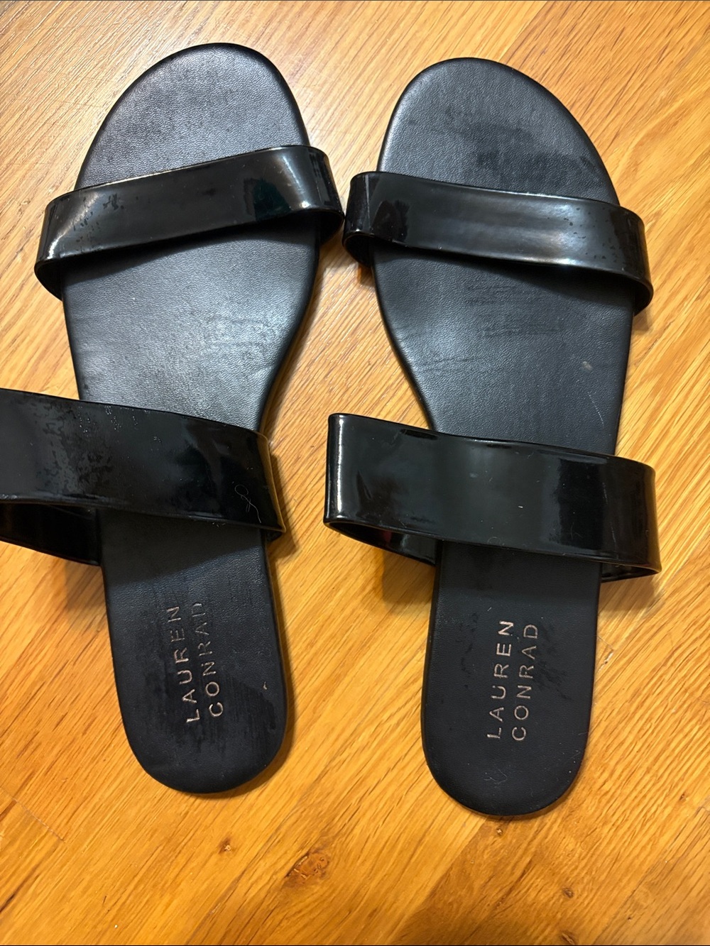 LC Lauren Conrad Black Patent Double-Strap Slide Sandals